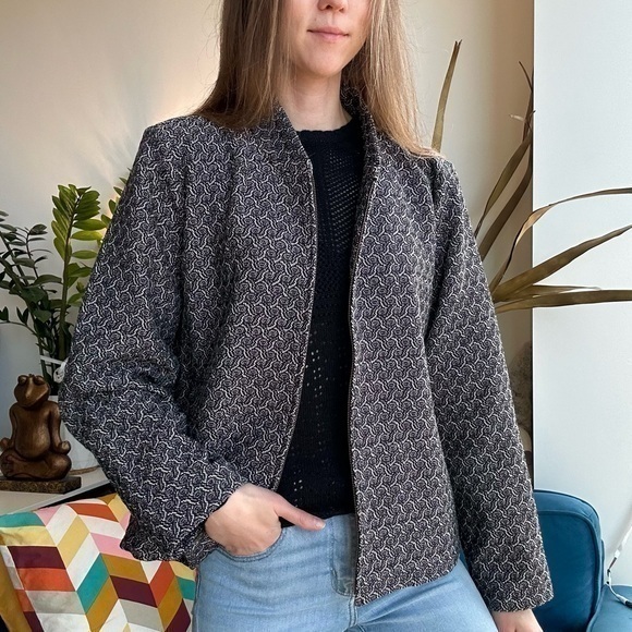 Eileen Fisher Cotton Blend Black White Print Long Sleeve Bomber Jacket M